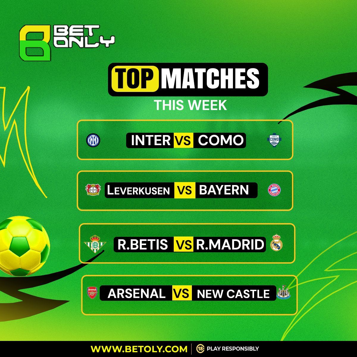 Big games, bigger stakes this week. 
Which matchup are you watching first? 
~
Get ahead of the action and place your prediction early on betonly.com
