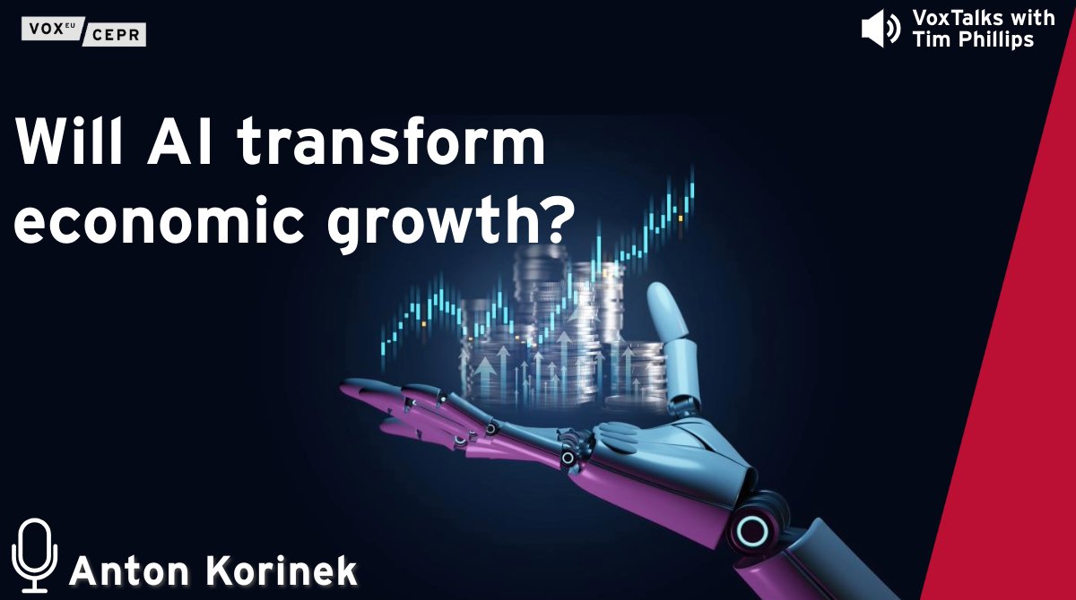 voxeu's tweet image. Will #AI transform economic #growth?

@akorinek @UVAEcon &amp;amp; @DardenMBA argues AI could accelerate innovation if it begins automating AI research itself—creating feedback loops between software, hardware, and technological progress.

Listen: cepr.org/multimedia/wil…