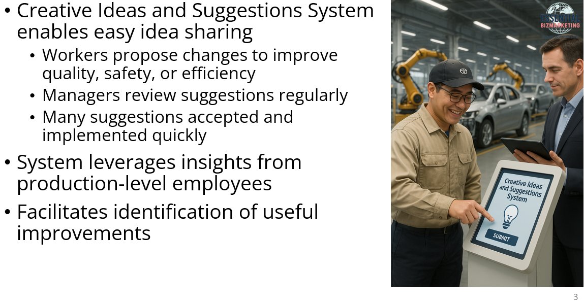 thebizbasics's tweet image. Toyota’s Creative Suggestion System empowers workers to improve quality, safety, and efficiency.

Innovation doesn’t come from the top.
It comes from the shop floor.

🔗 essentialbizmarketing.com/blog/marketing…

#Lean #ContinuousImprovement #Toyota #Management