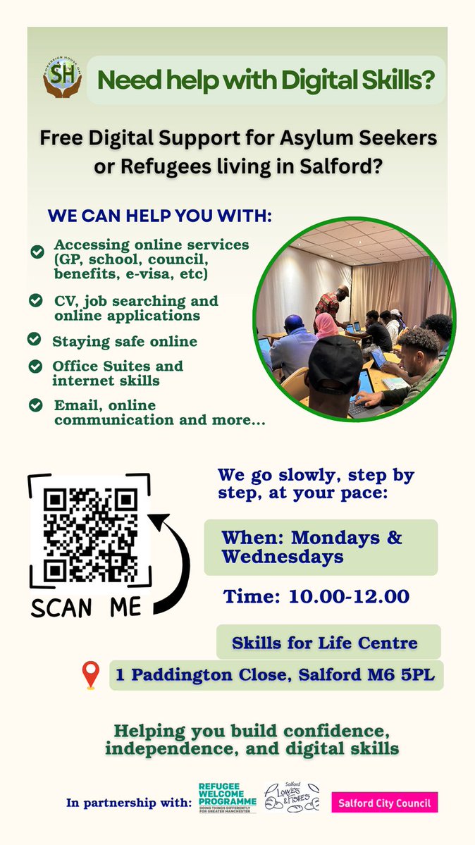 SovereignHseGH's tweet image. We know it isn’t always easy to keep up with digital changes. That’s why we’re offering support sessions for digital skills.⁠
⁠⁠
Digital skills = life skills!⁠
⁠
Scan the QR code to register!⁠
⁠
#EducationUK #FutureReady #DigitalLearning #SalfordRefugeesProgramme⁠