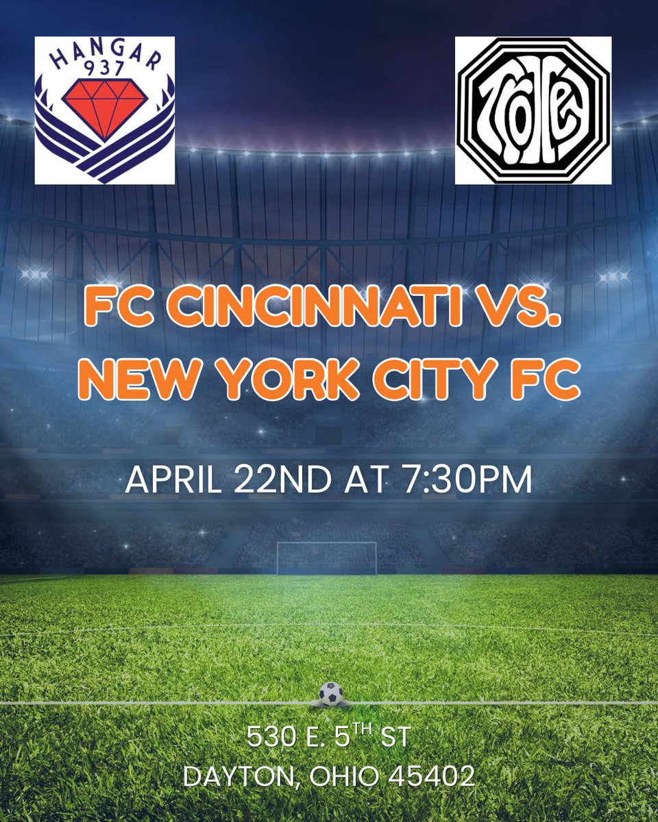 Hangar937's tweet photo. Midweek plans = handled ⚽️

Catch FC Cincinnati take on New York City FC this Wednesday at 7:30pm at @the_trolley_stop. Cold drinks, loud cheers, and a whole lot of orange and blue energy… exactly where you should be! https://t.co/T2HV4bCswF