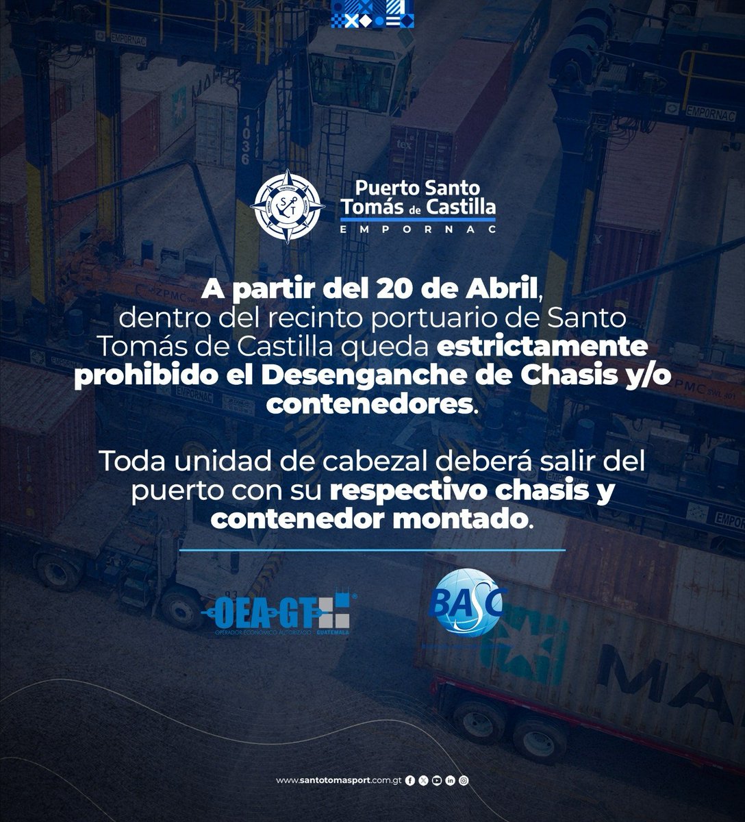 InfoCatransca's tweet photo. La Empresa Portuaria Nacional Santo Tomás de Castilla ) informa que, a partir del 20 de abril, queda estrictamente prohibido el desenganche de chasis y/o contenedores dentro del recinto portuario de Santo Tomás de Castilla. 🚫

Toda unidad de cabezal deberá retirarse del puerto con su respectivo chasis debidamente montado, en cumplimiento de las disposiciones establecidas para fortalecer el orden, la seguridad y la eficiencia operativa. ⚙️🚛

Agradecemos su colaboración y apego a la normativa vigente. 🤝

Facebook - https://t.co/Rkp5in7q2F

LinkedIn - https://t.co/sfLgwydTXU
