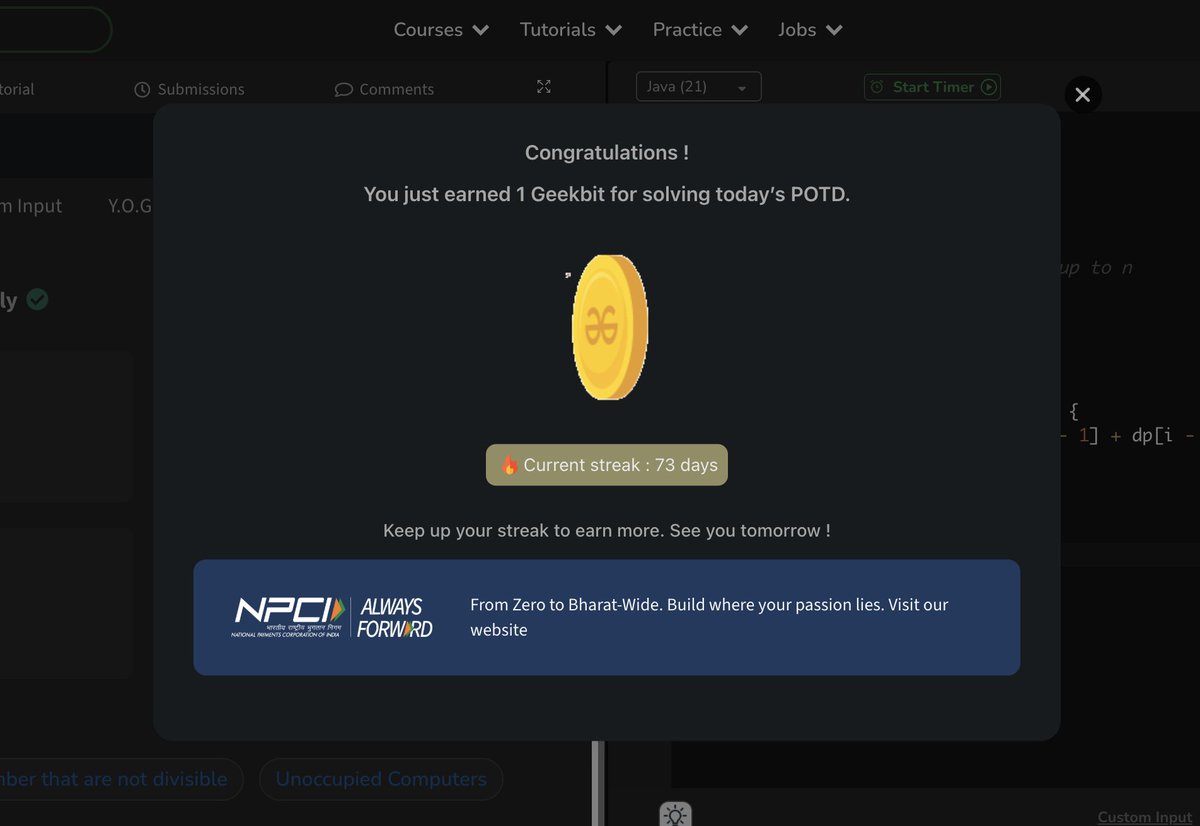 DeviPrasad73421's tweet image. Day 61 of POTD - 60 Days of Problem Solving           "Count Derangements"
@geeksforgeeks
@NPCI_NPCI
#geekstreak60 #npci #Coding