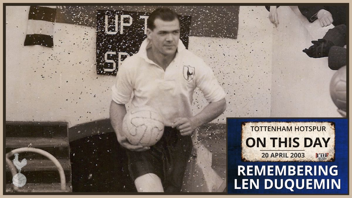 THFCOnThisDay's tweet image. ↩️ 𝗢𝗻 𝗧𝗵𝗶𝘀 𝗗𝗮𝘆 • 𝗟𝗲𝗻 𝗗𝘂𝗾𝘂𝗲𝗺𝗶𝗻

We remember Len Duquemin, who passed away in 2003.

“The Duke” was a key part of Tottenham Hotspur’s push and run side, helping win back-to-back titles in 1951 and 1952.

He made 307 games scoring 134 goals.

#OnThisDay #THFC