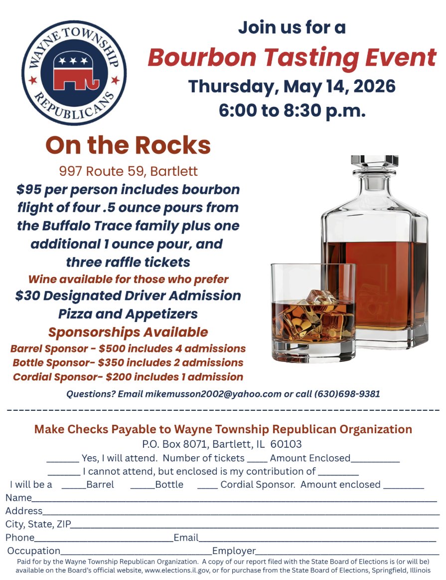 wtrodupage's tweet photo. Wayne, 

Come out to our fundraiser on May 14th, 6-830pm at "On the Rocks" in Bartlett. 

Bourbon, good company, and a chance to strengthen our local community. If you decide to attend and/or sponsor, your support matters. 

We look forward to seeing you there.

#DuPage #Wayne https://t.co/e5uB6WHT1P