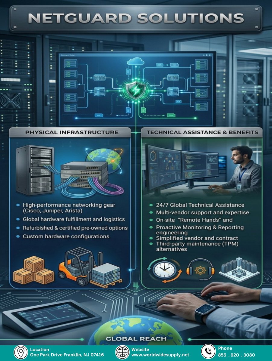 worldwidesupply's tweet image. We provide a comprehensive approach to network resilience, combining robust physical infrastructure with specialized technical support. 

Optimize your network with NetGuard Solutions. Learn more today.

#ITInfrastructure #GlobalTechSupport #Cybersecurity #Cisco #Juniper #Arista