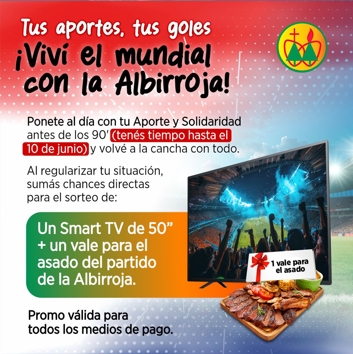 coopssccPy's tweet photo. ¡QUE NO TE SAQUEN TARJETA ROJA!⚽️

Tenés tiempo de participar en nuestra promo "Tus aportes, tus goles"

🎁Premios: Smart TV 50", Vales de Asado y una Camiseta Oficial de la Albirroja.

¡Tu compromiso es el gol que marca la diferencia!
Ponete al día y volvé a la cancha con todo🏟️ https://t.co/Yv8Qx0fbA4