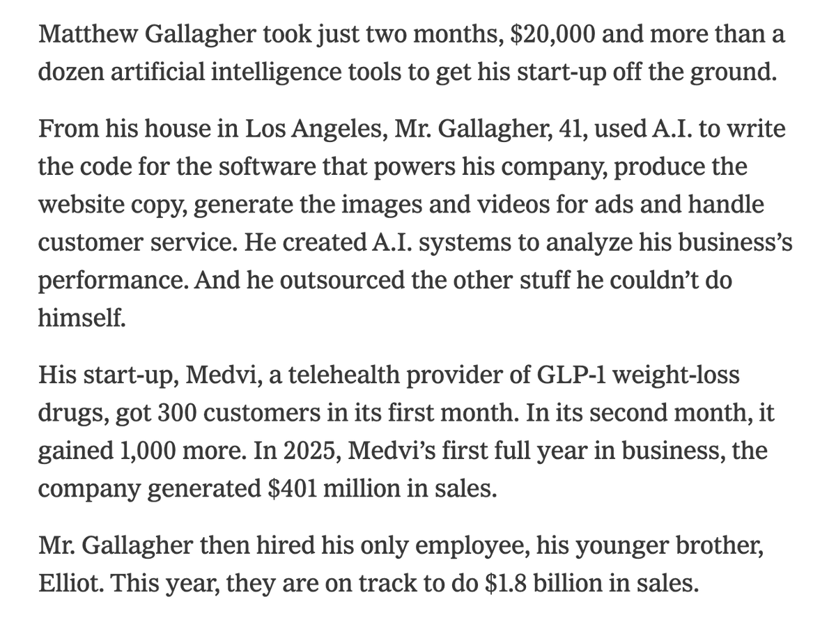 Medvi recently became the first 1-man, $1b company.

How?

Using AI.

Specifically?

"Building AI systems to analyse performance, produce website copy, generate image and video ads".

You are behind if you are not actively investing in AI systems that automate the production of