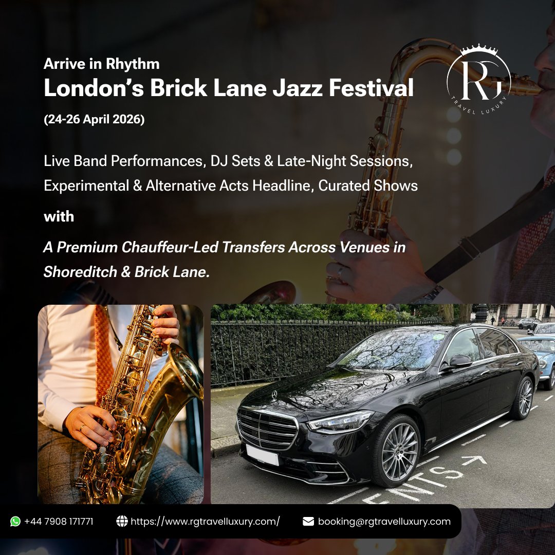 rgtraveuk's tweet image. #RGTravelLuxury delivers #ChauffeurService for #BrickLaneJazzFestival2026, managing multi-venue transfers across #Shoreditch, client hosting, #HourlyHire and group movements through peak crowds, seamlessly.

Book Now: rgtravelluxury.com/book-now/

#LondonEvents #EventChauffeursLondon