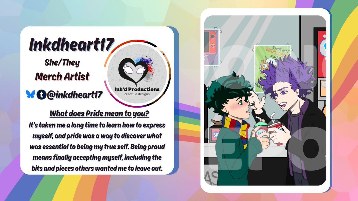 BNHAPrideZine's tweet image. 🏳️‍🌈 Contributor Spotlight! ‼️

Inkdheart17 has come a long way to discover her true self and is proud of not having to leave out any parts of herself!

#contributorspotlight #spotlight #zinepromo #lgbtq #pride #trans #lgbtqpride #bnha #mha