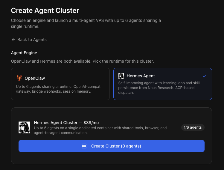 Stop wasting hours (or days) setting up local AI agents.
Just go to Tulsk.io — one-click deploy OpenClaw or Hermes Agent on a managed VPS.
No DevOps. No complex configuration. No troubleshooting.
Ready to run in minutes.
OpenClaw → Perfect for multi-agent teams.