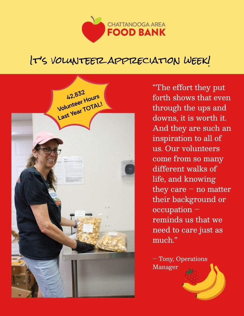 chattfoodbank's tweet photo. IT'S VOLUNTEER APPRECIATION WEEK! 🫶🏽 We couldn't do what we do without our amazing volunteers. Here's what some of our staff have to say about them! https://t.co/1GBk31DgHX