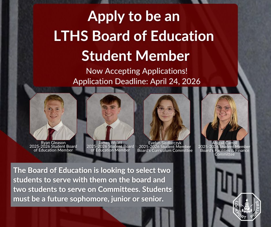 LockportHS205's tweet photo. Deadline is almost here! ⏳
Apply to be a Student Board Member for 2026–2027 and make your voice heard!

🗓️ Deadline: Friday, April 24
📝 Recommendations due: May 1
🔗 Application on Student Splash page
#PorterPride https://t.co/C7L8f0p6Js
