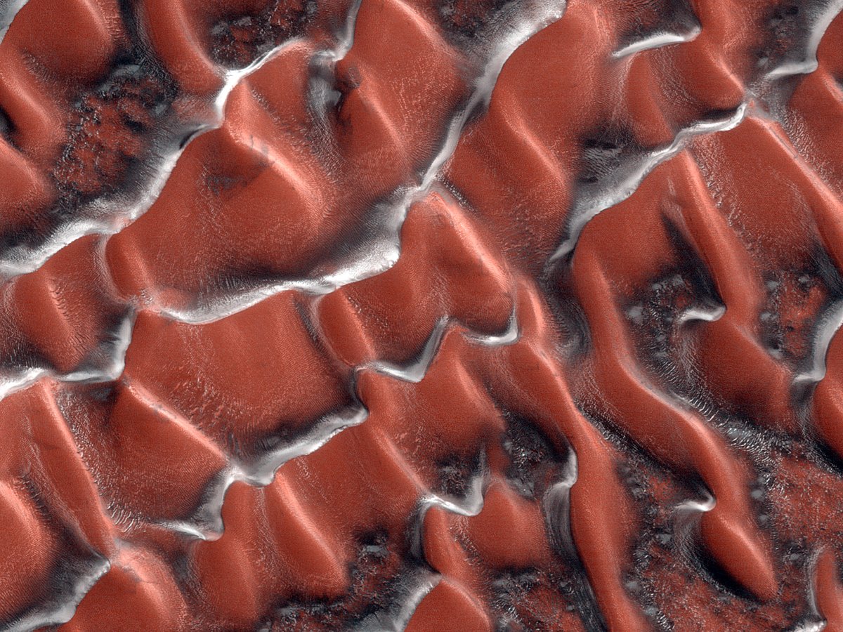 HiRISE's tweet image. HiPOD: Translucent Ice on Dunes

At the time of year we took the image, the whole scene was probably covered in carbon dioxide ice. Some of this ice is translucent, so you can see the dark dunes through it. 

uahirise.org/hipod/ESP_0768…
NASA/JPL-Caltech/University of Arizona
#Mars