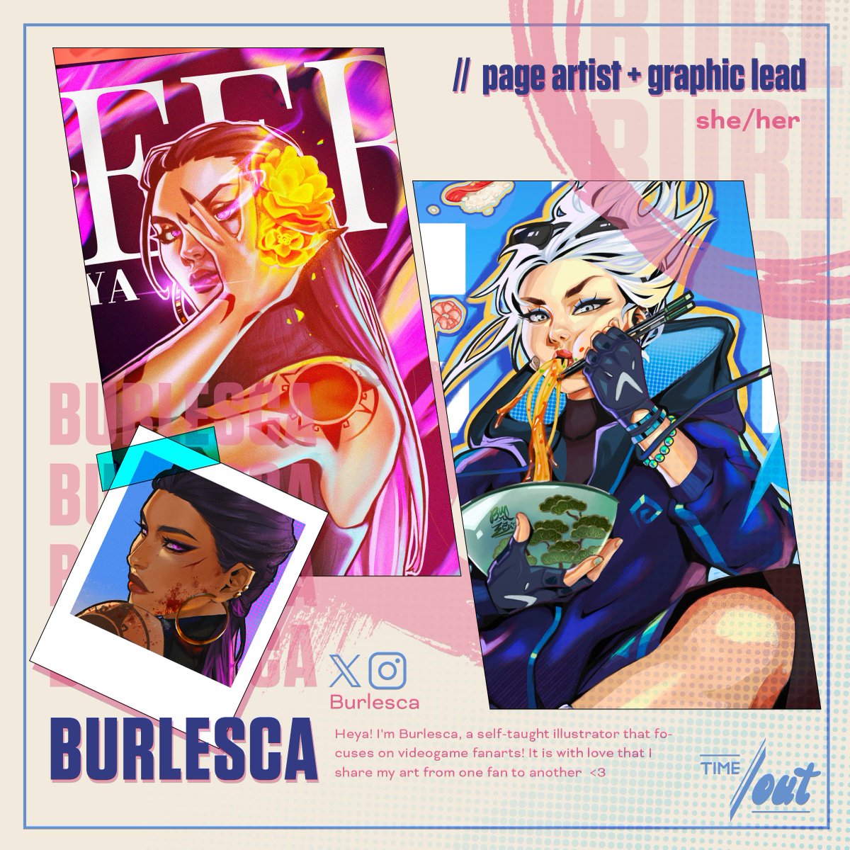 You literally can't beat Reyna's and Jett's face cards, even when they are doing the mundane 🌹🍜✨

Our two contributions also done by our fantastic graphics lead <a href="/Burlesca_Art/">Burlesca✨COMMISSIONS CLOSED✨</a> who this zine would not be possible without! 💕