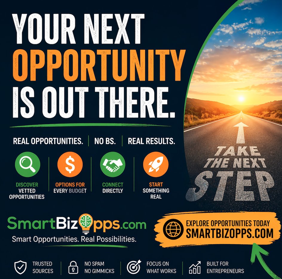 smartbizopps1's tweet image. Most “opportunities” are just dressed-up dead ends. We got tired of the noise… so we built something better. Real opportunities. No BS. No forms that go nowhere. If you’re serious about making money:
👉 SmartBizOpps.com 

#BusinessOpportunities
#BusinessOpportunity
