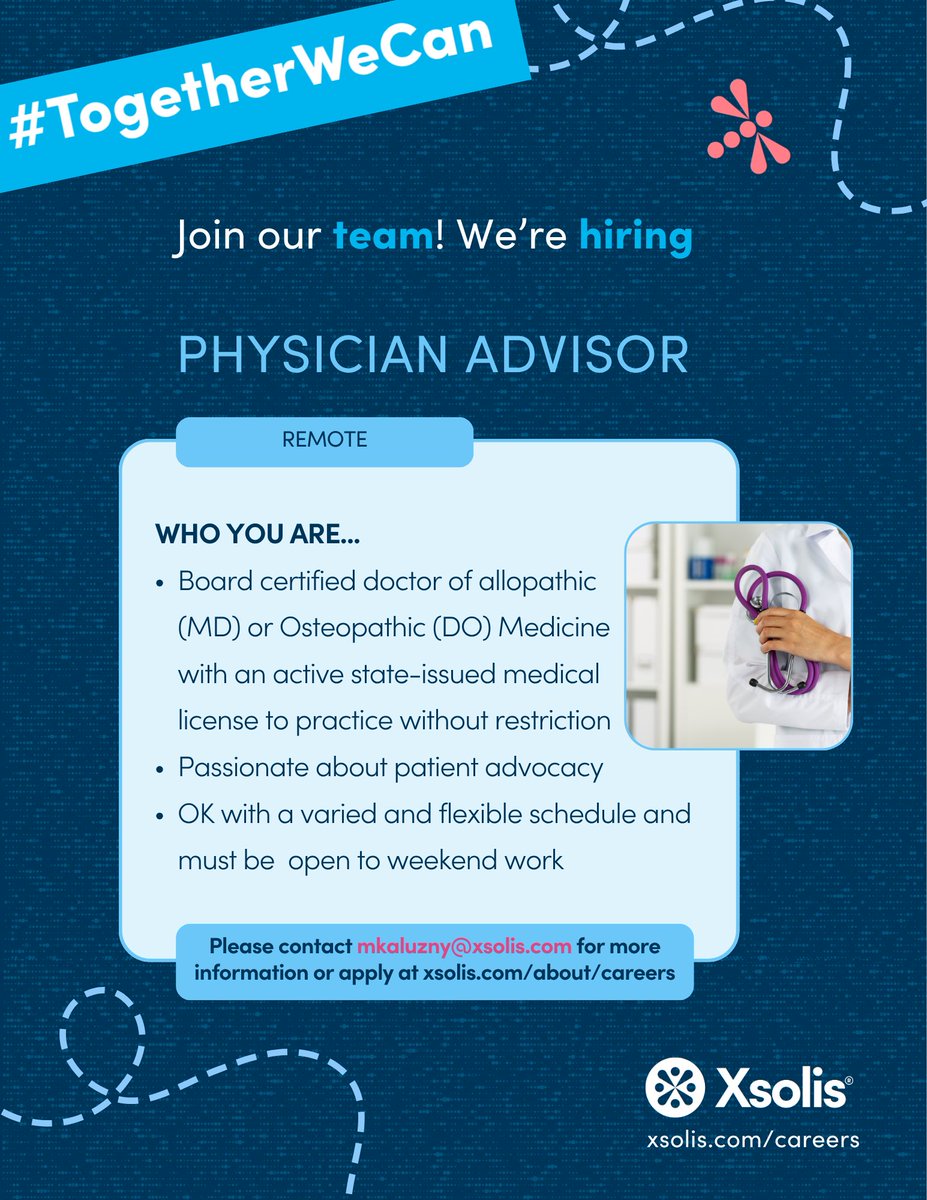 Xsolis_Health's tweet image. #NowHiring exceptional physicians to join our team as Physician Advisors to support our clients and their patients with efficient peer reviews.

Apply bit.ly/4o9MJTZ

New hires will join our next training experience at Xsolis HQ in TN before transitioning to #remotework