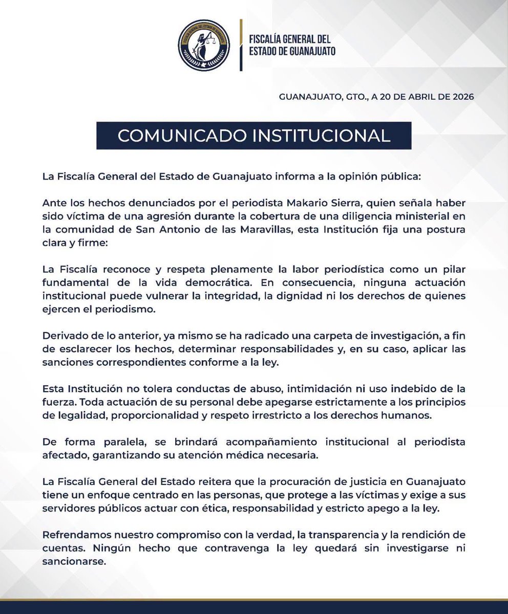 Posicionamiento de la <a href="/FGEGUANAJUATO/">Fiscalía General del Estado de Guanajuato</a> ante agresiones contra periodista Mako Sierra.
Se abre otra carpeta de investigación, hay que señalar que cuentan con los hechos y conocen a los responsables por lo tanto no debe de quedar como tantas otras “Carpetas” en el estado