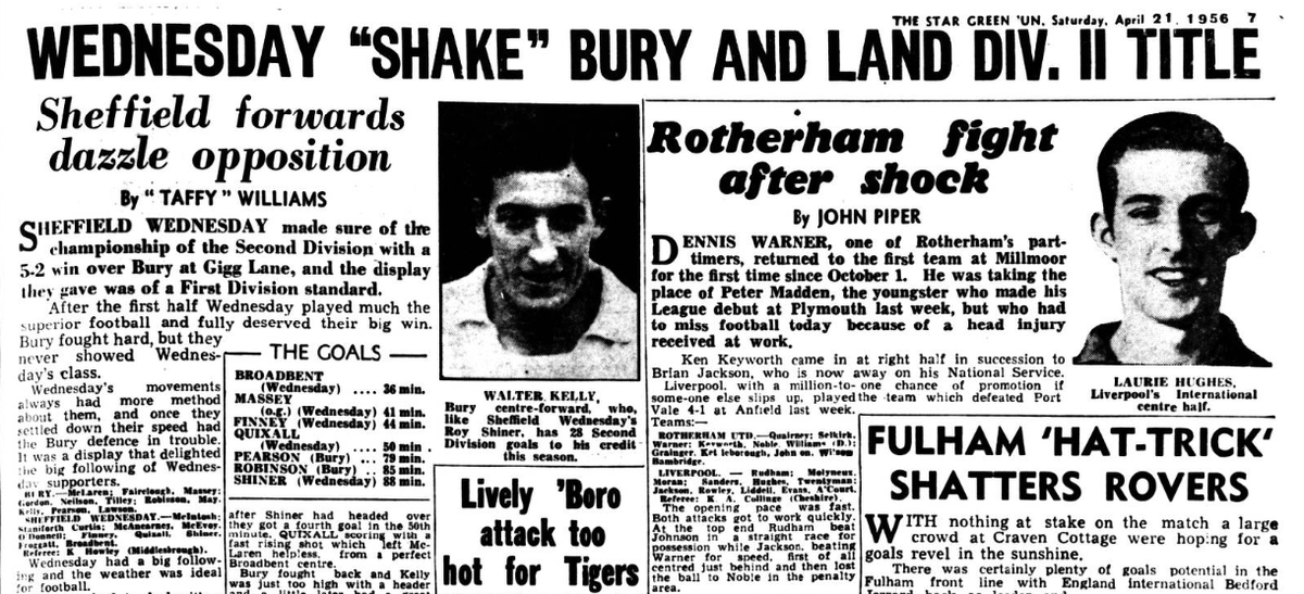 Dunsbyowl's tweet image. #OnThisDay 70 years ago Wednesday are Champions !    Promotion clinched &amp;amp; the 2nd Division title after a 5-2 away thrashing of Bury in front of 23,333 #SWFC goals   Roy Shiner 2, Albert Broadbent, Alan Finney &amp;amp; Albert Quixall #UpTheOwls #SheffieldDouble