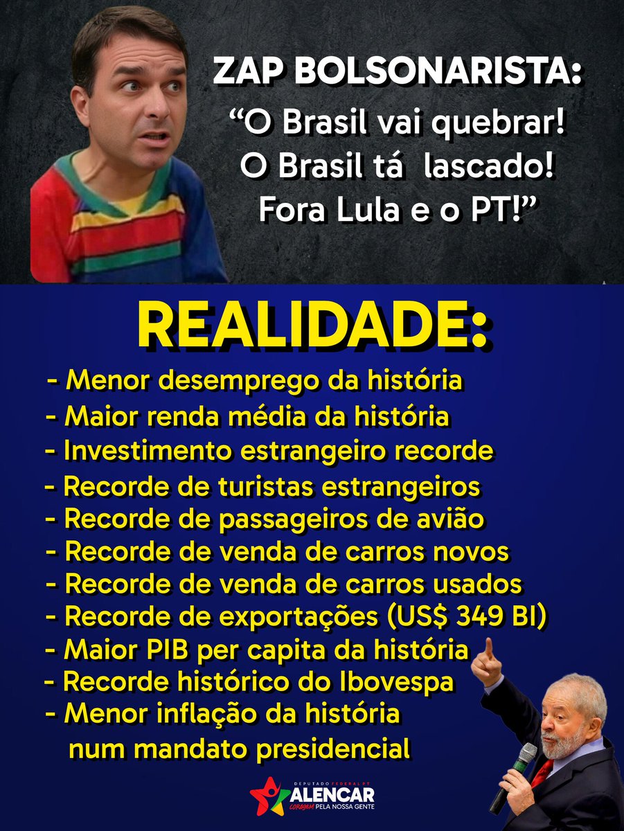📍 Não deixe que as pessoas sejam enganadas pelo zap bolsonarista. Enquanto eles dizem que o Brasil está quebrado, vamos espalhar a verdade. Com <a href="/LulaOficial/">Lula</a> e <a href="/Haddad_Fernando/">Fernando Haddad</a> o Brasil alcançou:
· Menor desemprego da história (5,1%)
· Maior renda média da história (R$ 3.652)
·