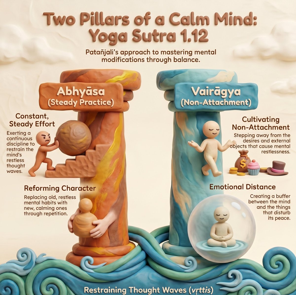 ankitgujrati27's tweet image. Patañjali’s 12th Sutra: Abhyāsa vairāgyābhyām tannirodhaḥ—"Their control is by practice and non-attachment."

We quiet our restless mind through steady effort (practice) and letting go of desires (non-attachment)

#YogaSutras #Yoga #Mindfulness