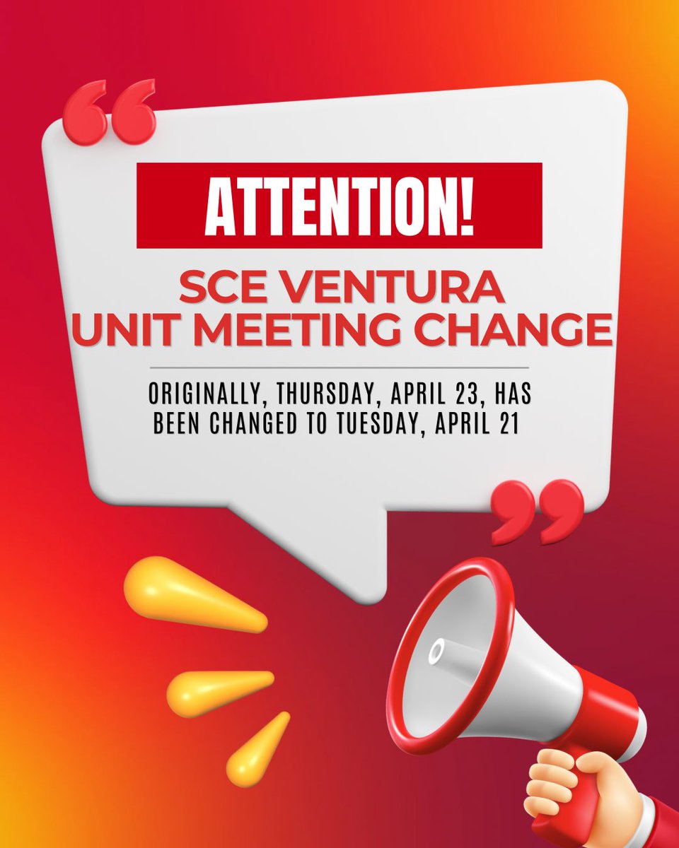 47Ibew's tweet image. Update 🚨

The SCE Ventura Unit meeting originally scheduled for Thursday, April 23 has been moved to Tuesday, April 21. 

For any questions, please contact Jim Tice at 909-784-8516.

#SCE #Ventura #MeetingUpdate #StayInformed #ibew47