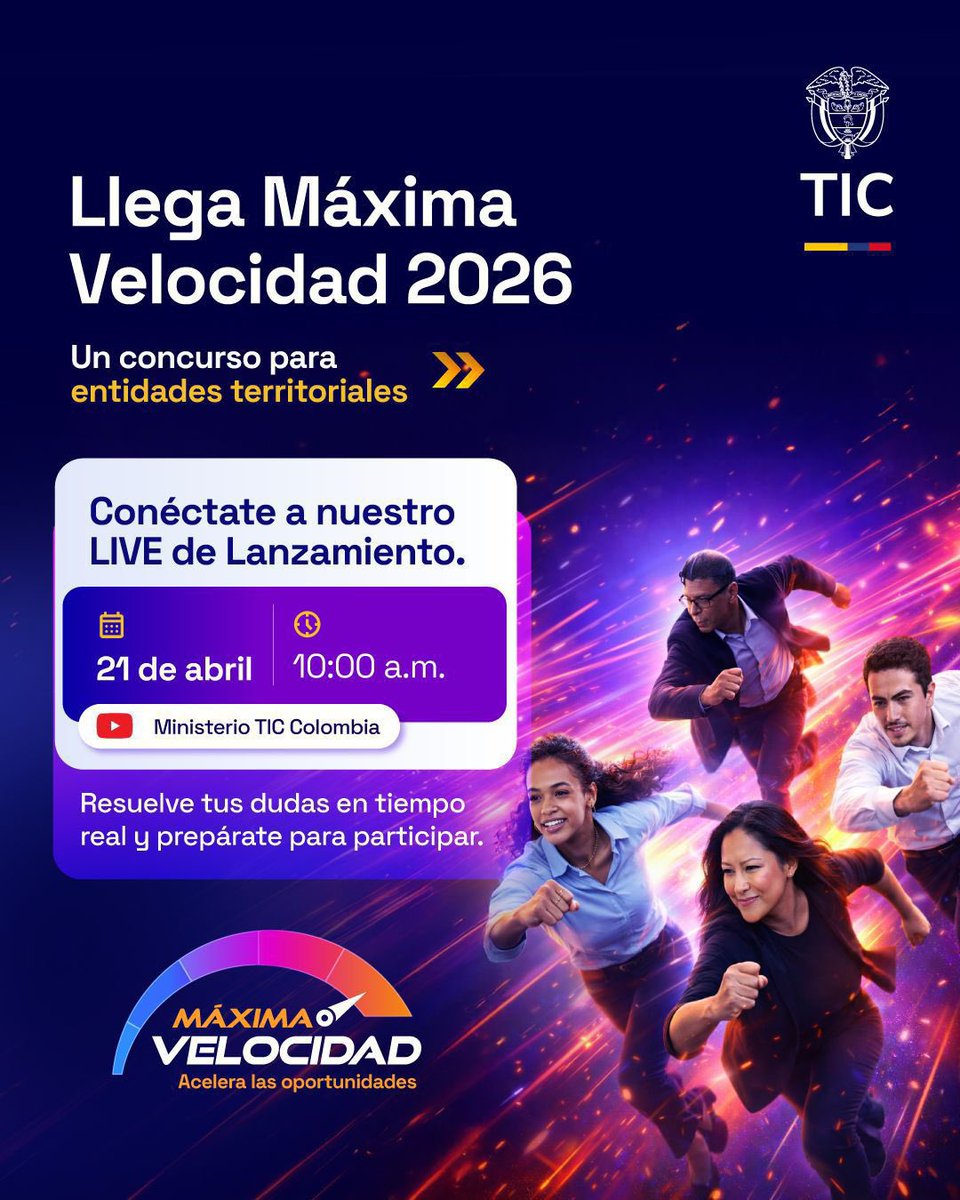 Ministerio_TIC's tweet image. 🚀 Mañana damos el banderazo de salida a #MáximaVelocidad2026 🇨🇴
Un espacio para acelerar la #TransformaciónDigital en las entidades públicas territoriales.

🔴 Conéctate al LIVE
📅 21 de abril | 🕙 10:00 a. m.
📺 YouTube: Ministerio TIC Colombia
youtube.com/@ministeriotic…