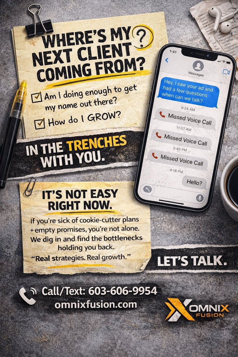 omnixfusion's tweet image. Where is your next client coming from?

Be honest…

How many calls have you missed this week?

📉 Missed calls = lost money
📉 Slow follow-up = lost deals
Most businesses don’t need more leads…

👉 they need a better SYSTEM

#leadgeneration #smallbusiness #marketing
