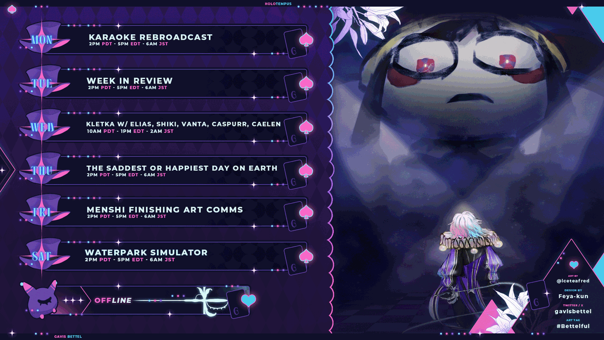 🃏SCHEDULE 4-20 / 4-26 🪿

THE JESTER WARS ARE COMING TO A CLOSE MY FRIENDS

🔴Live: #BettelBeThere 
🎨Art: #Bettelful 
📢Meme: #BettelCallLol 
👔Assets: #BettelGear 
🤡Fans: #Bettelion 
🎞️Clip: #ABettelProduction