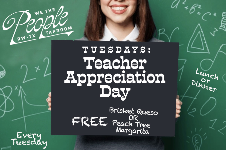 WTPRockwall's tweet image. Every Tuesday, Lunch or Dinner. We want to show our appreciation to #Teachers with a FREE Brisket Queso or a Peach Tree Margarita, two #WeThePeopleTaproom favorites!

wethepeopletaproom.com
165 E Quail Run Rd, Ste 103, Rockwall, TX 75087