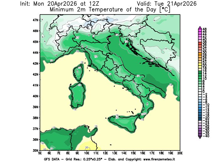 firenzemeteoit's tweet image. #Temperature #minime e #massime previste in Italia domani (21/04/2026) dal global model GFS.
Link ITA: firenzemeteo.it/maps/gfs-tempe…

#Minimum and #maximum temperatures forecast in Italy tomorrow (21/04/2026) by the GFS global model.
Link ENG: firenzemeteo.it/en/maps/gfs-ma…