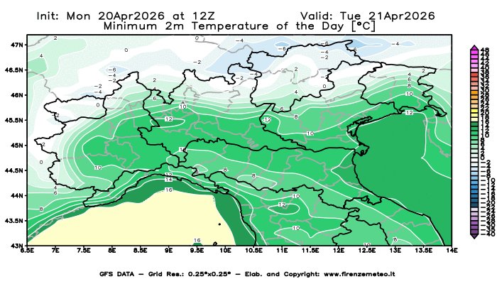 firenzemeteoit's tweet image. #Temperature #minime e #massime previste in Italia domani (21/04/2026) dal global model GFS.
Link ITA: firenzemeteo.it/maps/gfs-tempe…

#Minimum and #maximum temperatures forecast in Italy tomorrow (21/04/2026) by the GFS global model.
Link ENG: firenzemeteo.it/en/maps/gfs-ma…