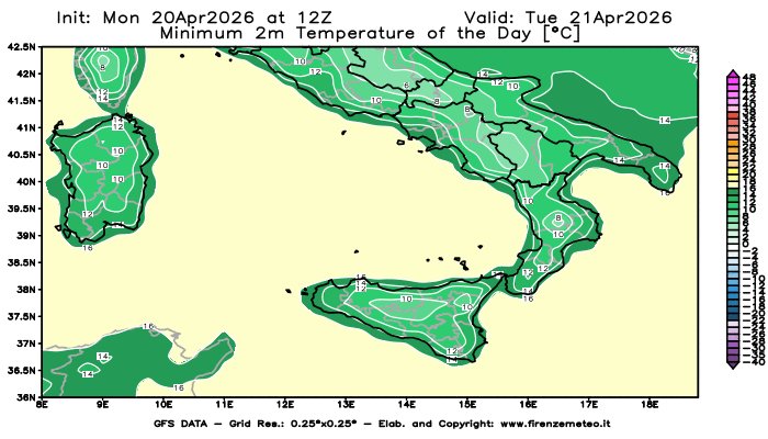 firenzemeteoit's tweet image. #Temperature #minime e #massime previste in Italia domani (21/04/2026) dal global model GFS.
Link ITA: firenzemeteo.it/maps/gfs-tempe…

#Minimum and #maximum temperatures forecast in Italy tomorrow (21/04/2026) by the GFS global model.
Link ENG: firenzemeteo.it/en/maps/gfs-ma…