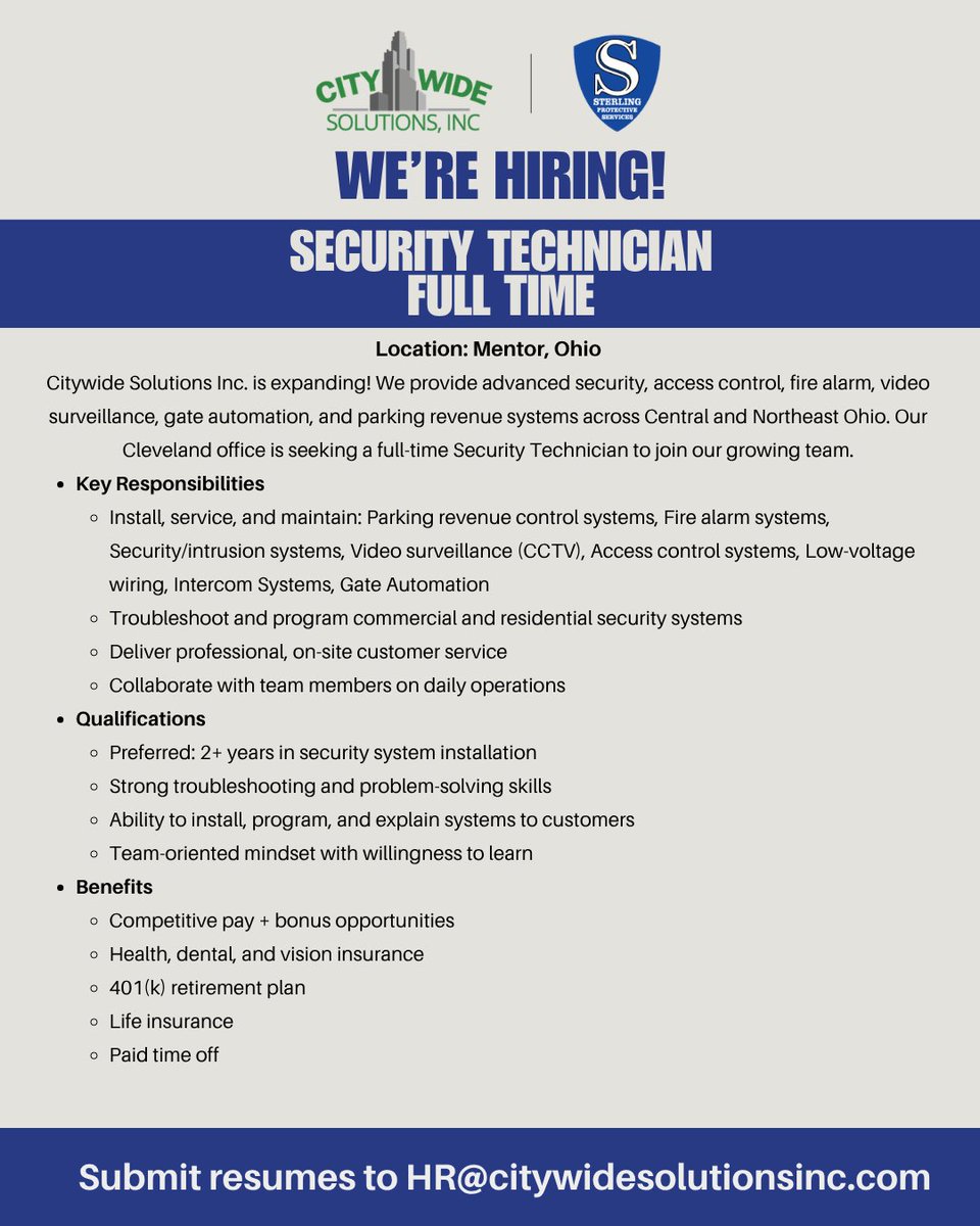 CitywideOH's tweet photo. 🚨 We’re hiring!

Looking for a Full-Time Security Technician to join our team in Mentor. If you want to work with a great group of people, we’d love to hear from you!

📩 Send your resume to: HR@citywidesolutionsinc.com https://t.co/ntCrkc3hEW