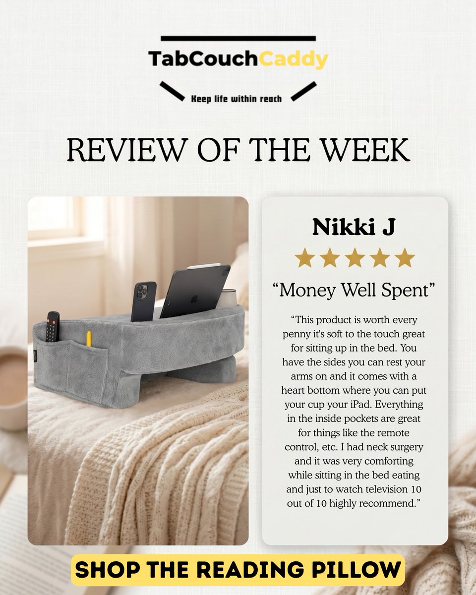 TabCouchCaddy's tweet image. ⭐ Review of the Week: Nikki J. ⭐

"10 out of 10 – highly recommend." Our Reading Pillow delivers trusted comfort.

🎁 10% OFF code READRELAX10

Shop: tabcouchcaddy.com

#TabCouchCaddy #ReviewOfTheWeek #READRELAX10