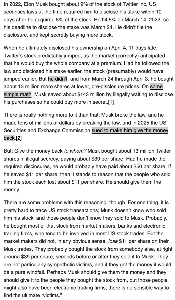today's matt levine article reeks just like his market manipulation apologism piece last summer

to summarize: when elon extracted $143m from the stock market, matt levine is arguing that nobody realllly suffered, because who could we pin as the victim?

first of all, some news: