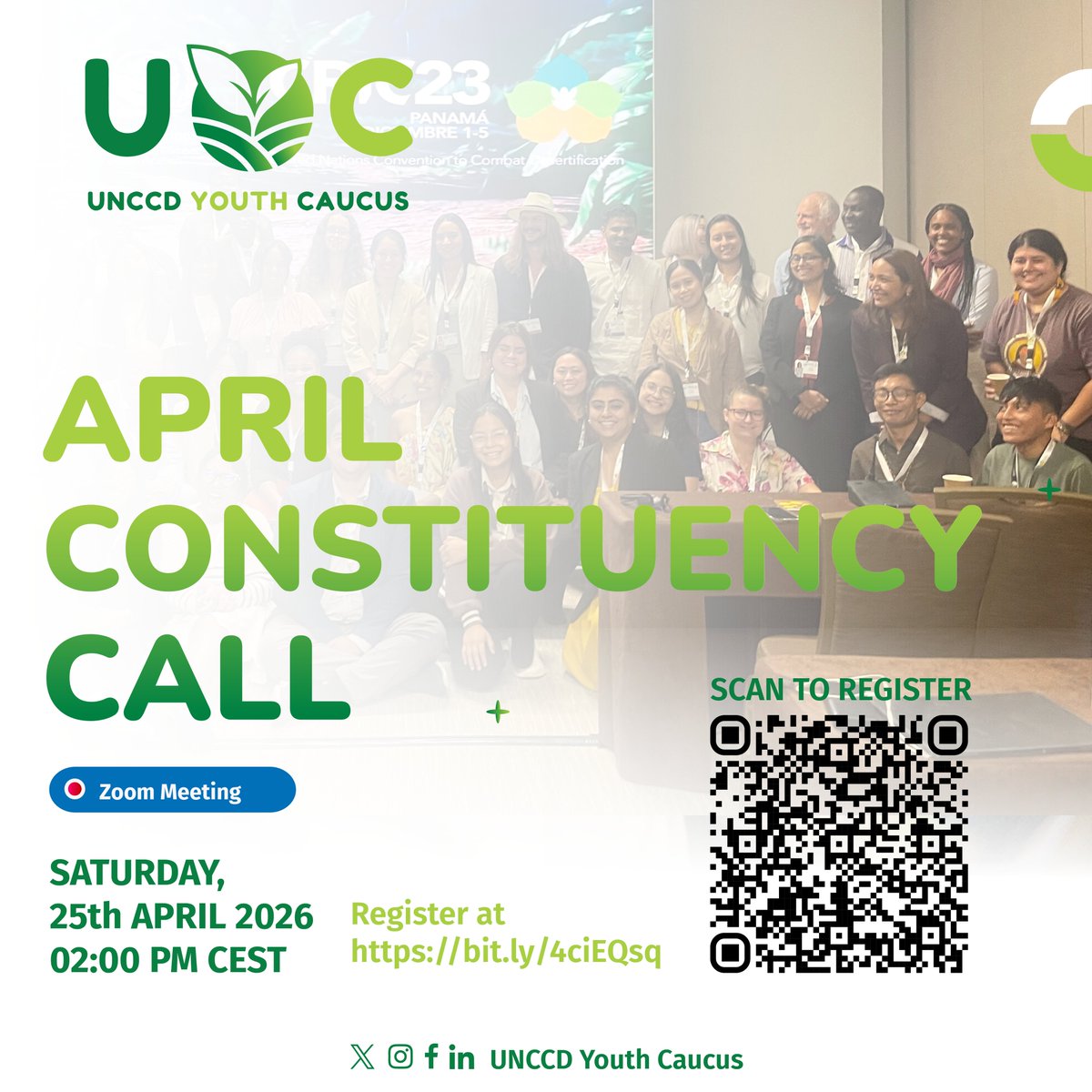 UNCCDYouth's tweet photo. April Constituency Call.

That last meeting had too much energy to wait any longer. 

We're finally back. 

Let's meet on Sat. April 25 | 2:00 PM CEST to reconnect and share some updates about the upcoming #COP17 

Register here to join us: https://t.co/RU3UkfHMEm https://t.co/SlIJW5VTCr