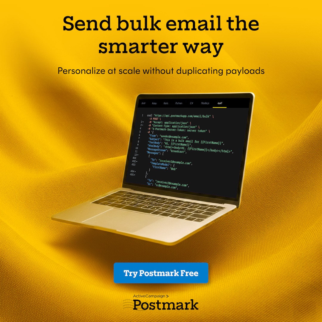 postmarkapp's tweet photo. Why send 10,000 duplicate payloads when one call does the job? Postmark's Bulk API was built for scale — without the unnecessary complexity.