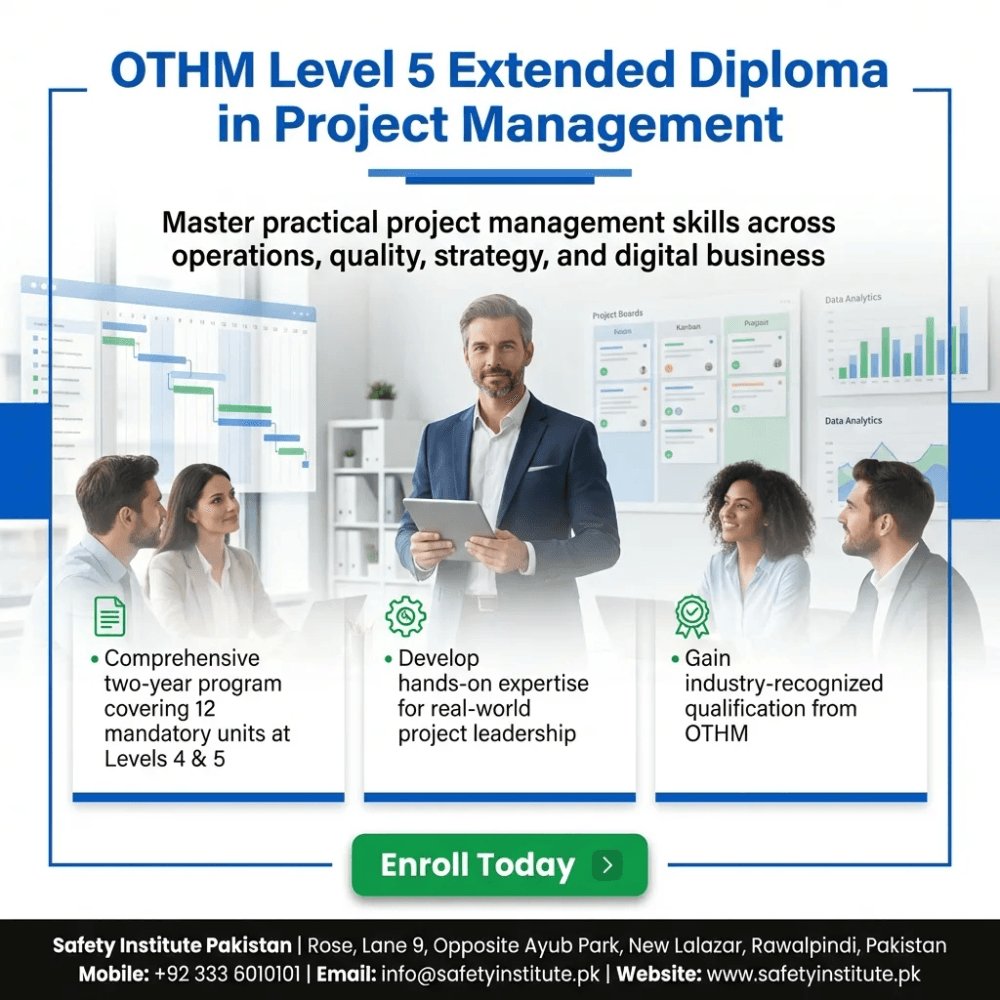 SafetyPakistan's tweet image. OTHM Level 5 Extended Diploma in Project Management — Open for enrolment at Safety Institute Pakistan. Level 5. #OTHM #Level #Extended #Diploma #Project #Management #VocationalTraining #Diplomas #Pakistan