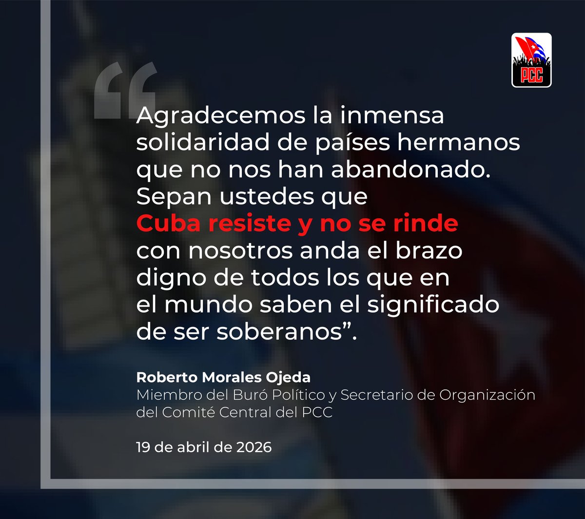 "#CubaNoEstáSola. Lo han demostrado quienes acudieron recientemente formando parte del convoy Nuestra América, los movimientos de solidaridad internacional que manifiestan su respaldo a la causa de nuestra Revolución, y los asistentes al V Coloquio Internacional Patria, de cuyos