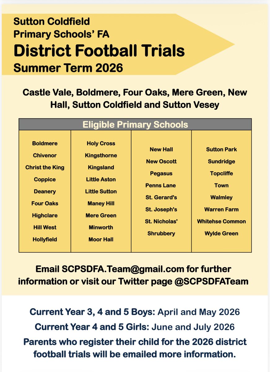 SCPSDFATeam's tweet photo. 2026/27 TRIALS

Do you have a child who loves football, is in KS2 and attends a Sutton primary school? Then if you think they would be suited to district football please sign them up for our upcoming trials:
Boys - April/May
Girls - June/July

The SCPSFA Team https://t.co/0qEWy0JUfk