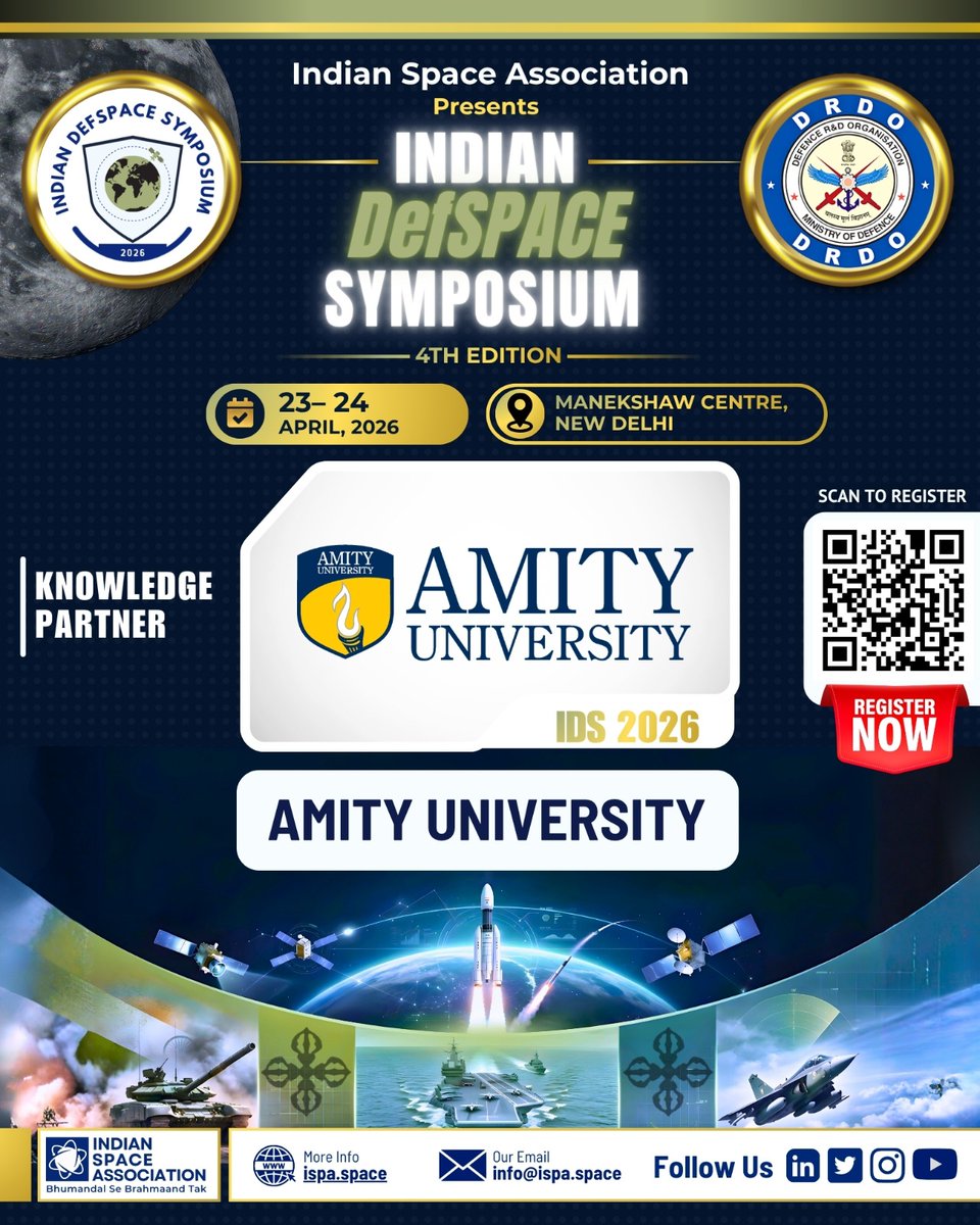 ISpA_India's tweet photo. ISpA- Indian Space Association welcomes @AmityUni as a knowledge Partner for the Indian DefSpace Symposium 2026
#Defspace2026 #IndianSpaceAssociation #ISpA #SupportingPartner #SpaceEconomy #BhumandalSeBrahmaandTak https://t.co/1K8AdvrZVY