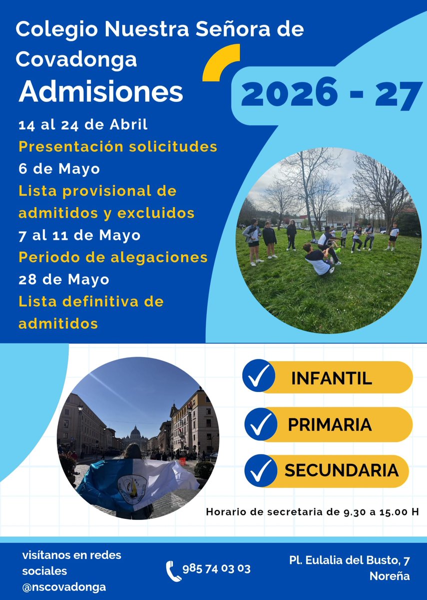 nscovadonga's tweet photo. No dejes pasar la oportunidad de formar parte de nuestra Comunidad Educativa #HMMI
¡Te esperamos! https://t.co/DQ5icuSHNj