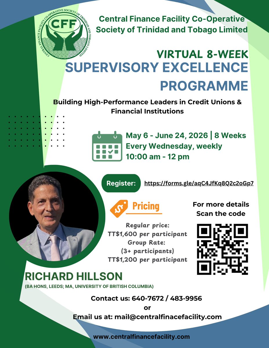 CFFCOOP's tweet image. 🚀 Ready to level up your leadership?

Join CFF’s 8-Week Supervisory Excellence Programme for credit unions &amp;amp; financial institutions.

📅 May 6–June 24
🗓 Wednesdays | ⏰ 10AM–12PM
👤 Facilitator: Richard Hillson
👉 Register: forms.gle/aqC4JfKq8Q2c2o…
#ProfessionalGrowth #CFF