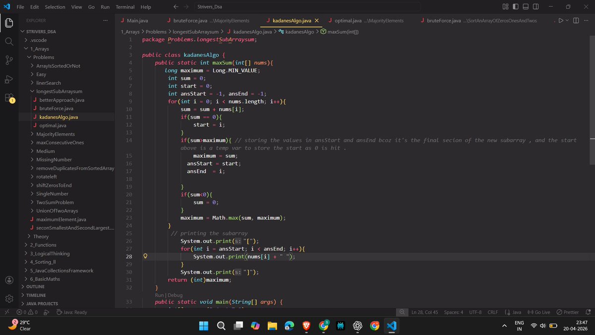 ShaileshYa66107's tweet image. Day 29 of DSA 🚀

Optimized Maximum Sum Subarray using:

➡️ Kadane’s Algorithm 
➡️ Also printed the max sum subarray
Strong pattern-based learning continues 🔥

#DSA #Java #BuildInPublic #100DaysOfCode #Consistency