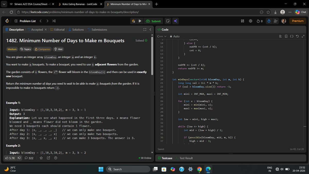 AnukalpCodes's tweet image. Day 41 of #DSA 🚀

Solved: Minimum Number of Days to Make M Bouquets (LC 1482) 🌸

💡 Trick:
Binary Search on Answer!
Search days range

Key learning:
If answer is a range + feasible check → use Binary Search 🔥

#LeetCode #100DaysOfCode #Coding