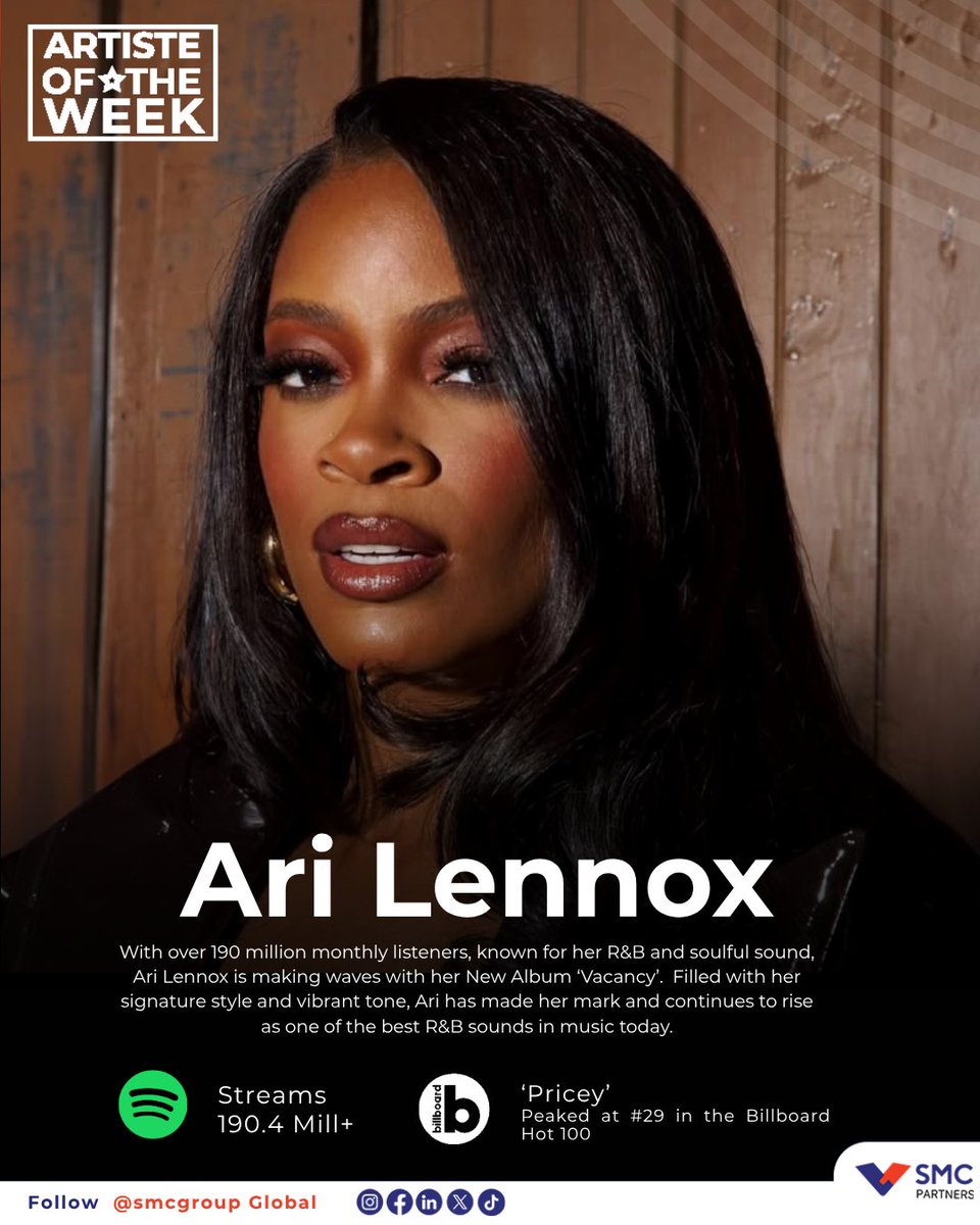 smcgroupglobal's tweet image. If you think real R&amp;amp;B is fading, you’re not listening closely.
Projects like 'Vacancy'  by Ari Lennox challenge that narrative boldly.

SMC Artist of the Week: Ari Lennox 🎶🎙️🎵
 #AriLennox #Vacancy  #RnB2026 #rnb