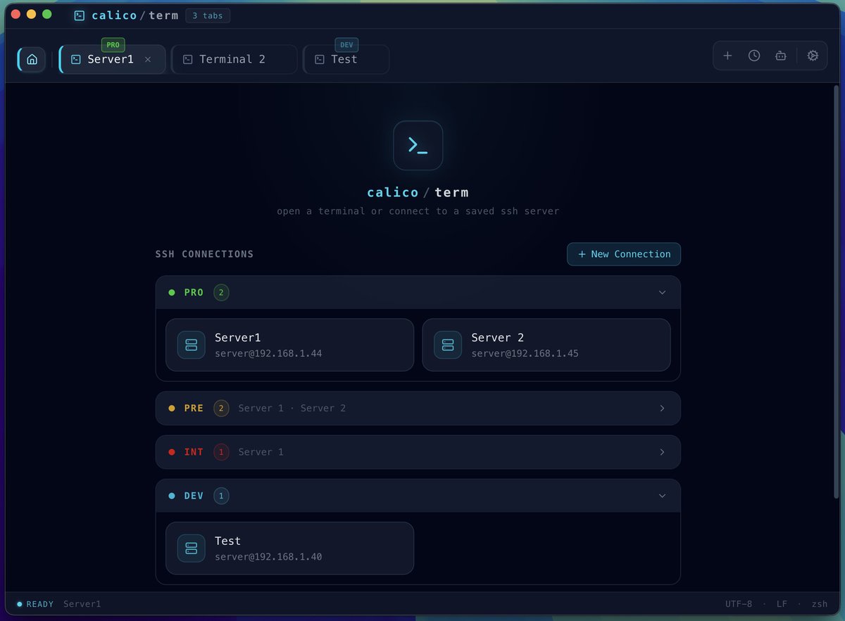 edgar_sanou's tweet photo. 🚀 Just open-sourced Calico Term

A cross-platform terminal built with Electron + React, combining:
• Multi-tab terminal
• SSH + SFTP
• Encrypted credentials vault
• 🤖 Built-in AI assistant (OpenAI, Anthropic, Ollama)
All in one dev workflow.
👉 https://t.co/0dYhV0cFXH https://t.co/4S8OogY0Kr