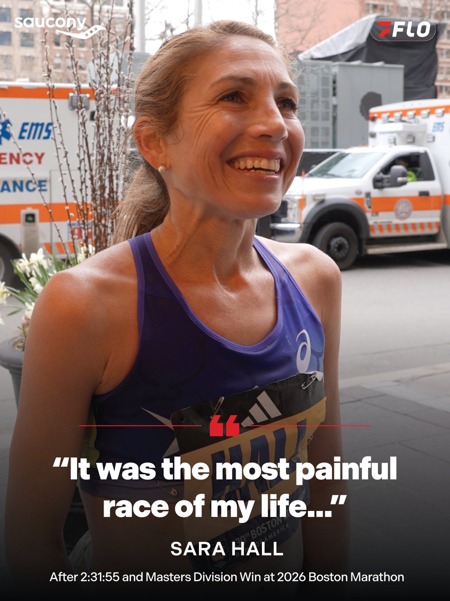 FloTrack's tweet image. After winning the Master's Division at the Boston Marathon, Sara Hall talks about the pain felt during the race and the atmosphere keeping her motivated 🏆

#BostonMarathon presented by @saucony