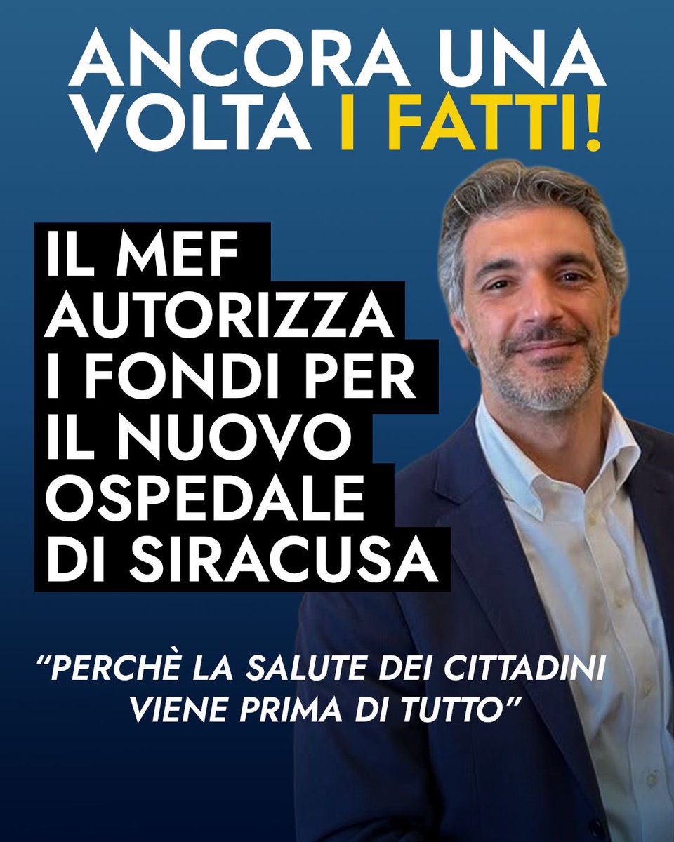 sindaco33's tweet photo. Nuovo ospedale di Siracusa un passo avanti importante

Adesso è ufficiale: il Ministero dell’Economia e delle Finanze ha dato l’ok

👉 Circa 400 milioni di euro
👉 95% delle risorse garantite dallo Stato
👉 Iter sbloccato e progetto che va avanti

#GovernoMeloni #Fdi #LucaCannata https://t.co/mCaaKiq0LT